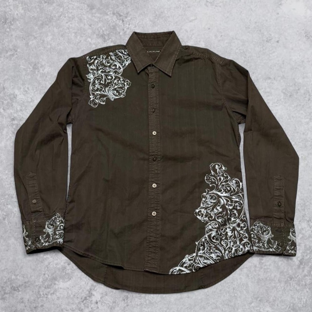 7 Diamonds Vintage Y2K black Baroque Floral Embroidered Button Up Dress Shirt